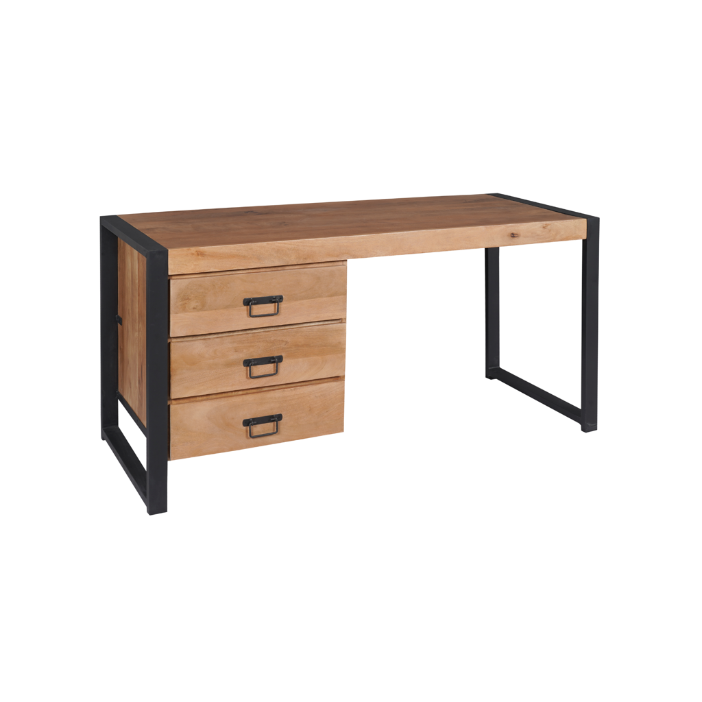 Schreibtisch Bori 145x58x74 cm – Massivholz-Mangoholz Homeoffice-Tisch mit 3 Schubladen & schwarzen Metallgriffen