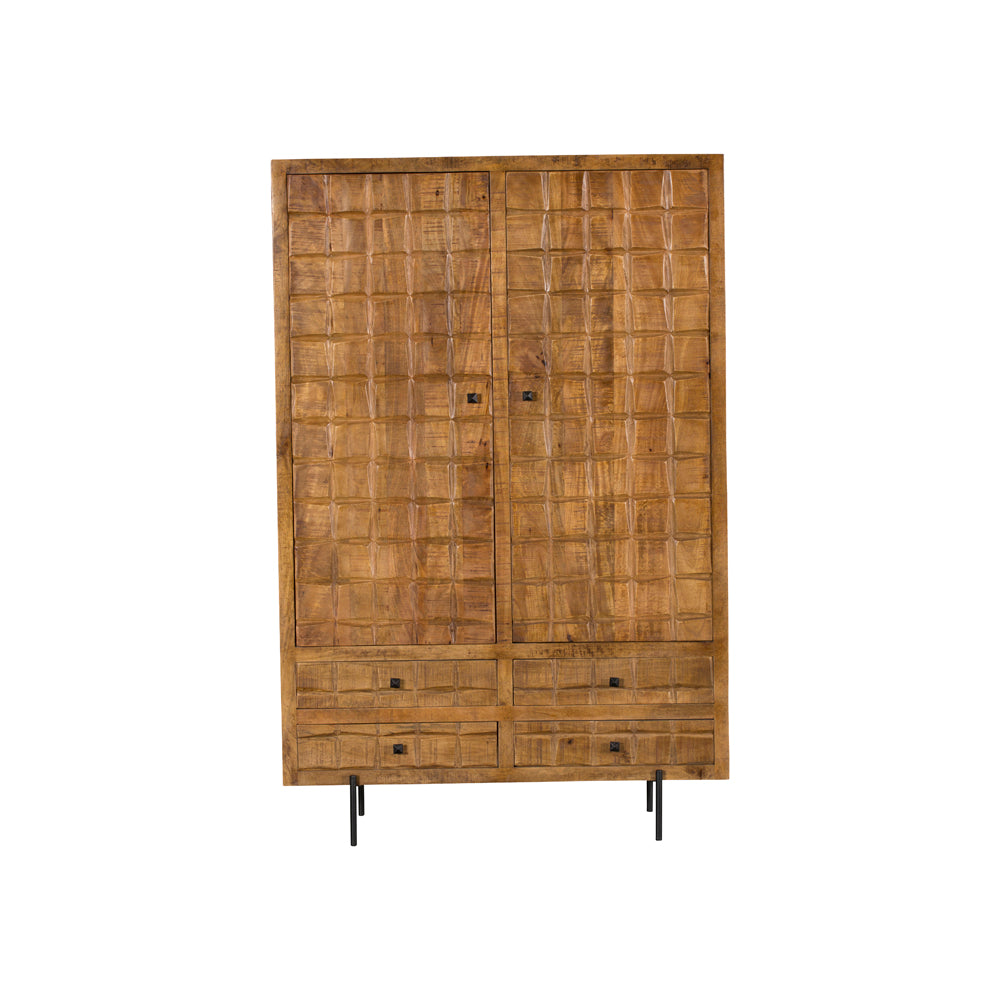 Schrank Jacky – Mangoholz & Metallbeine, 100 x 40 x 180 cm, 2 Türen, 4 Schubladen, einzigartiges Design