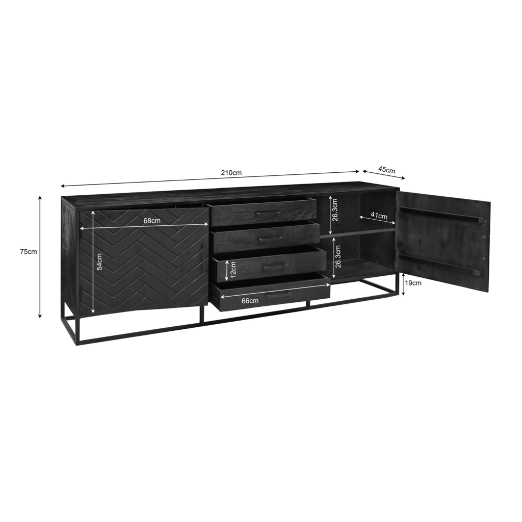 Sideboard Sydney Schwarz – Kommode aus Mangoholz mit Fischgrätmuster, Metallrahmen, 2 Türen & 4 Schubladen, 210 x 45 x 75 cm