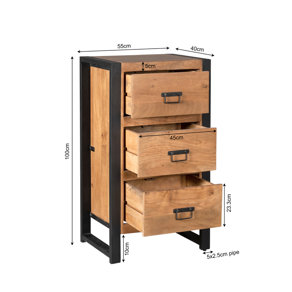 Highboard Boaz – Kompakter Schrank aus Mangoholz mit schwarzen Metallakzenten & 3 Schubladen, 55 x 40 x 100 cm