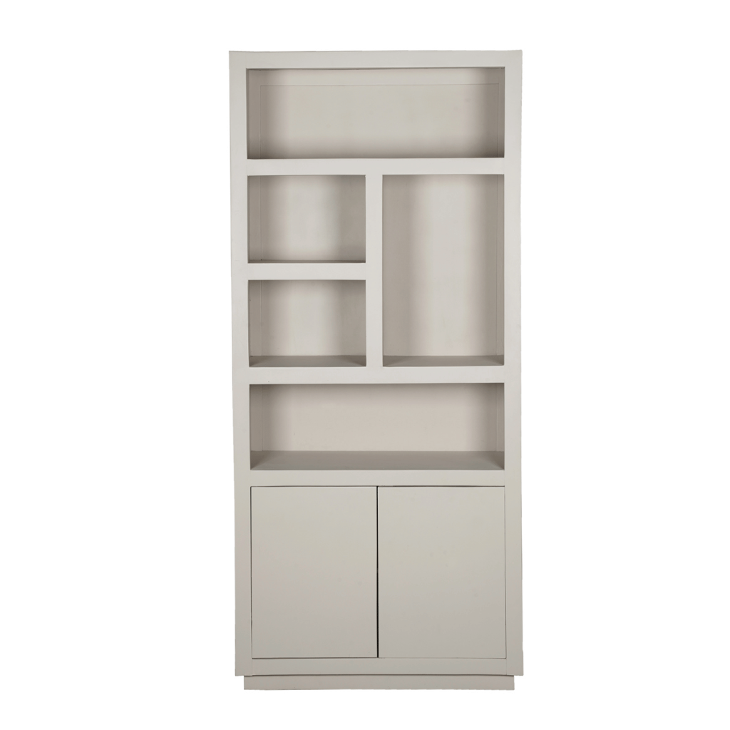 Regal Bali Sand – Standregal aus Mangoholz mit 5 Fächern & 2 Türen, 90 x 45 x 200 cm