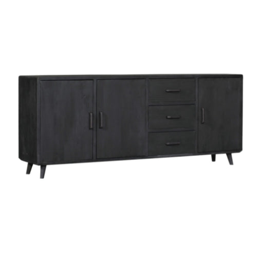 Sideboard Raven Schwarz – Mangoholz mit 3 Türen & 3 Schubladen, 220 x 45 x 90 cm