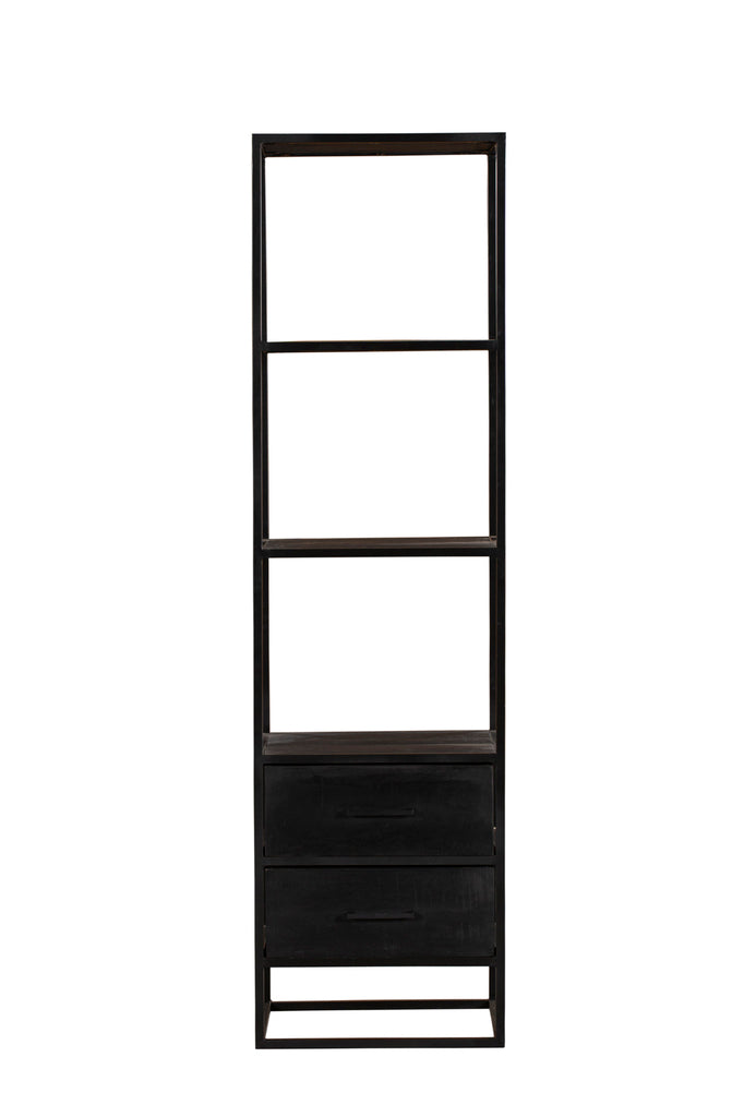 Bücherregal Delta Schwarz – Mangoholz, 2 Schubladen & Regal, 55 x 45 x 200 cm