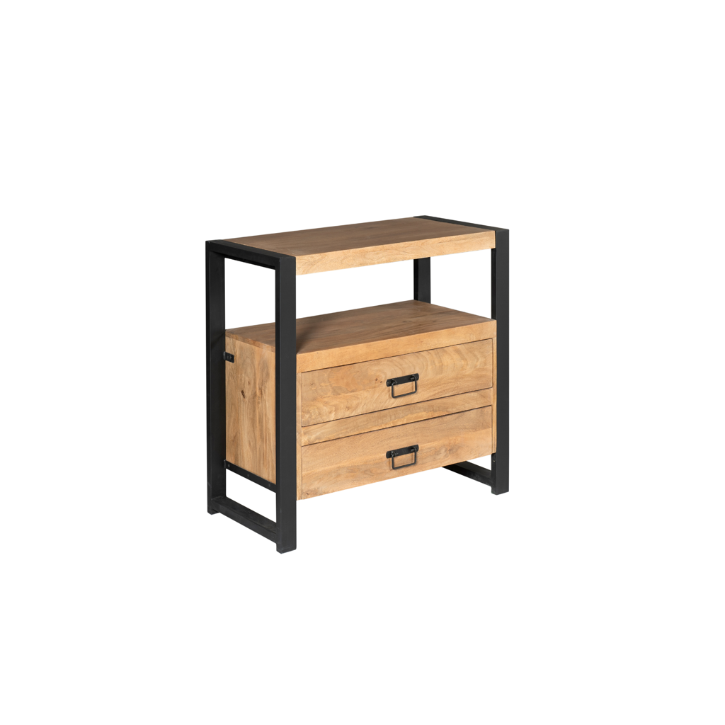 Kommode Bori Schwarz – Mangoholz Schubladenschrank mit Metallgestell & Lamellen-Optik, 80×80×40 cm, 2 Schubladen. Elegante Wohnkommode im zeitlosen Design