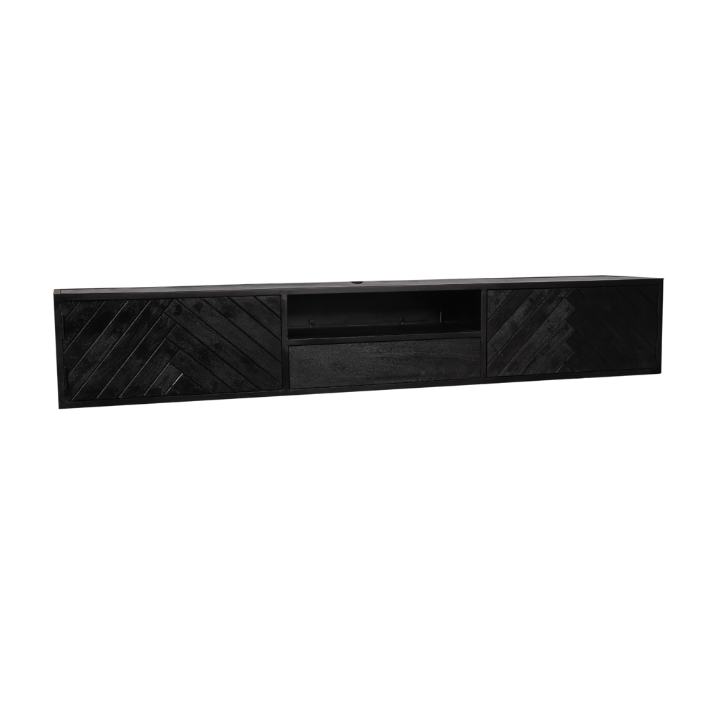 TV-Board Focus Schwarz – schwebendes Lowboard aus Mangoholz mit Fischgrätmuster & offenem Fach, 200 x 35 x 33 cm