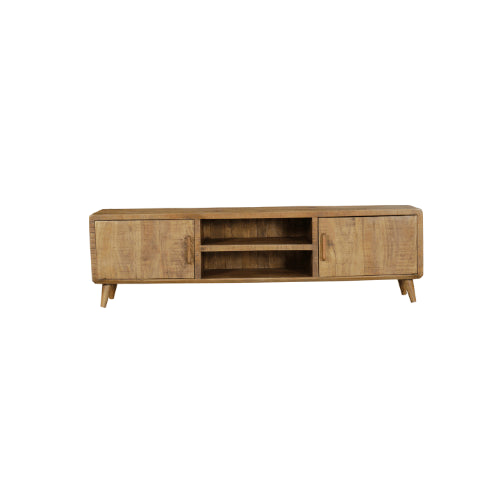 TV-Board Raven – Mangoholz mit schwarzen Designelementen, 2 Türen & offene Fächer, 180 x 45 x 50 cm