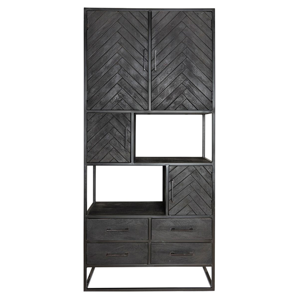 Bücherregal Sydney | Mangoholz Schwarz mit Fischgrätmuster | 90 x 45 x 200 cm