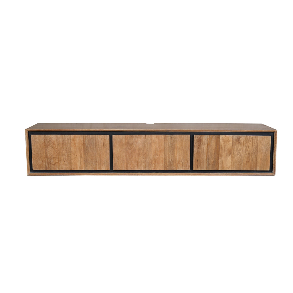 TV-Board Rois Schwebend – Mangoholz mit schwarzen Metallakzenten & 3 Türen, modernes Lowboard 160 x 35 x 30 cm