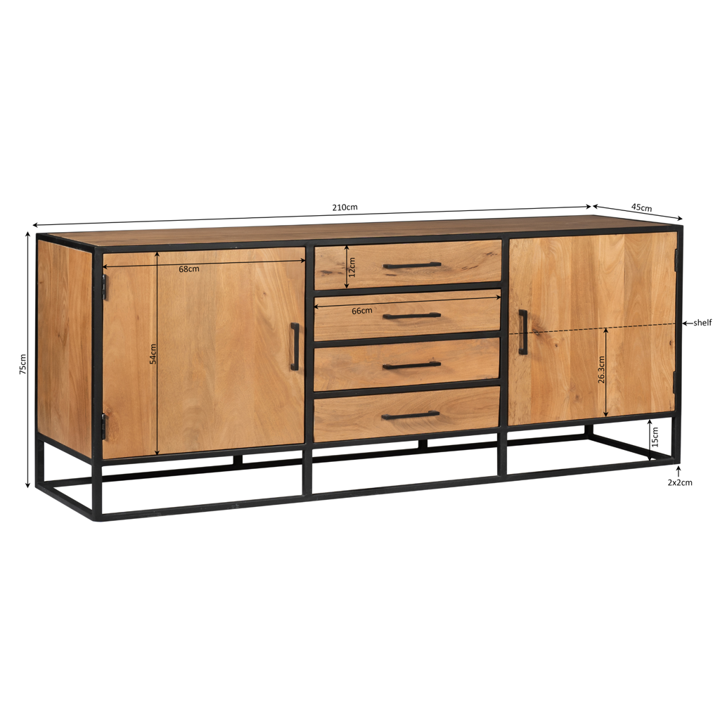 Sideboard Delta – Mangoholz & Metall, 2 Türen & 4 Schubladen, schwarzer Rahmen, 210 x 45 x 75 cm