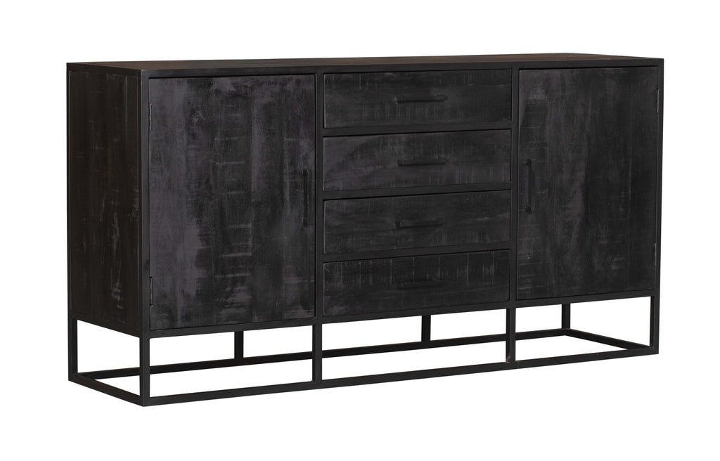 Sideboard Delta Schwarz – Kommode aus Mangoholz mit Metallrahmen, 4 Schubladen & 2 Türen, 164 x 45 x 85 cm
