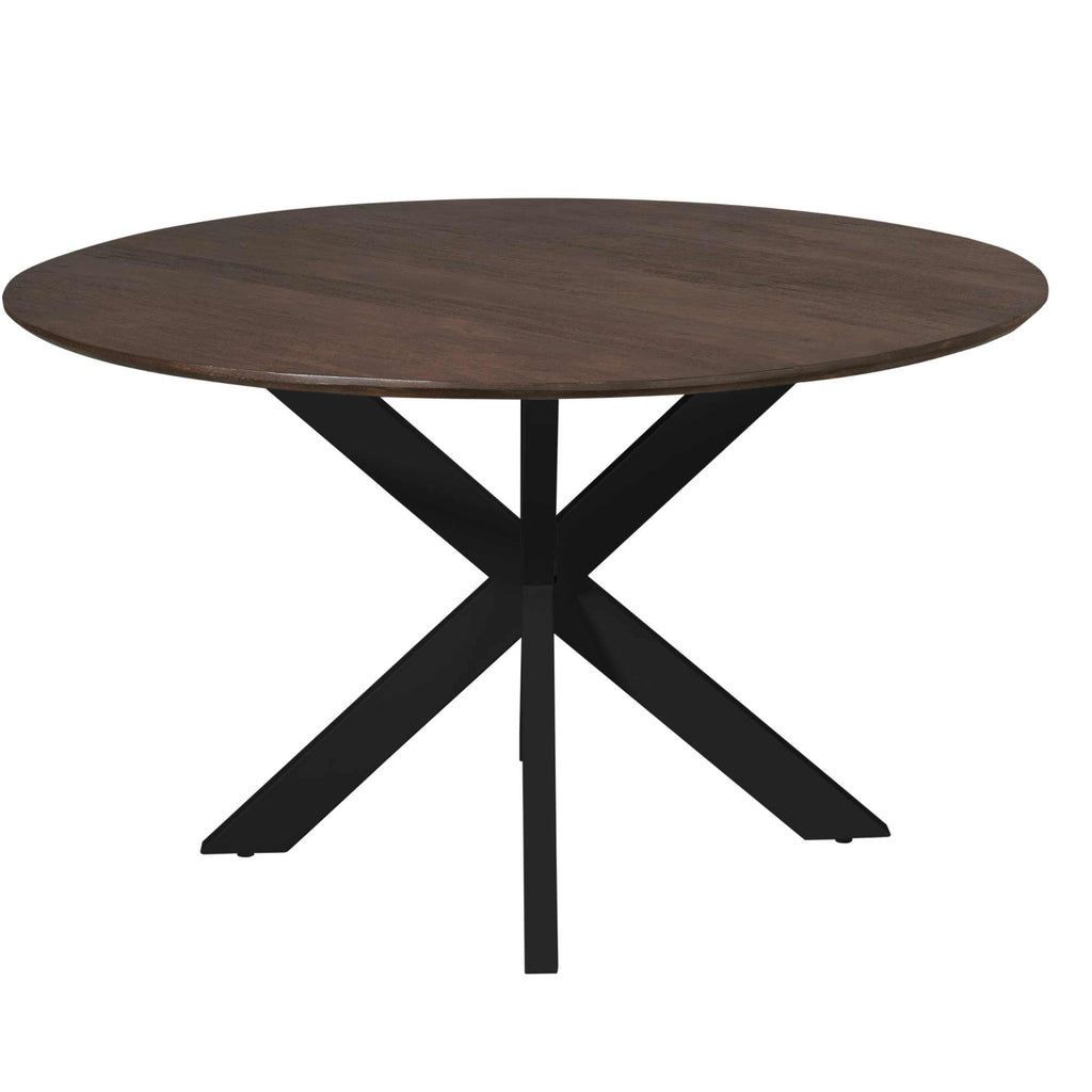 Esstisch Mandy Braun – runder Tisch aus Mangoholz mit schwarzem Metallgestell, Ø150 cm, Höhe 76 cm, modern & elegant