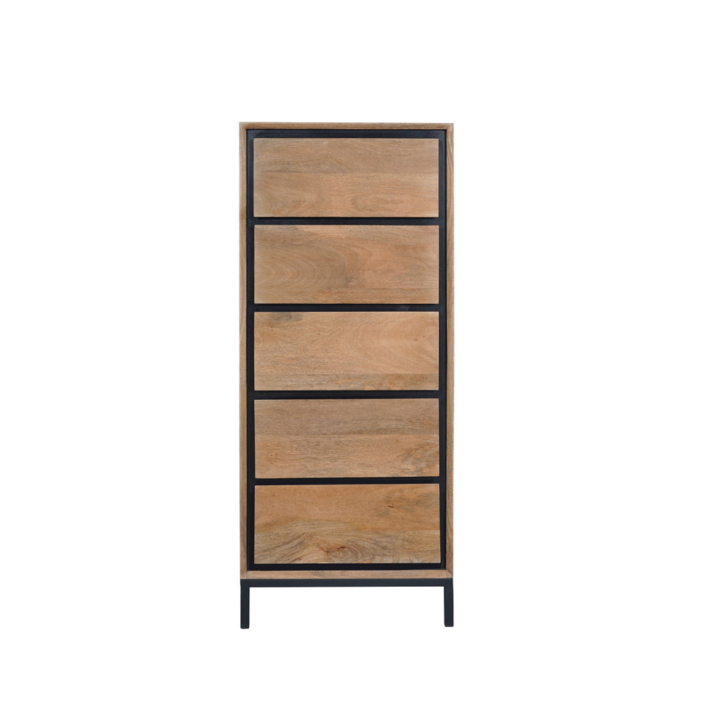 Kommode Rois Mango Natur 50x40x120 cm – moderner Schrank mit 5 Schubladen & Metallgestell