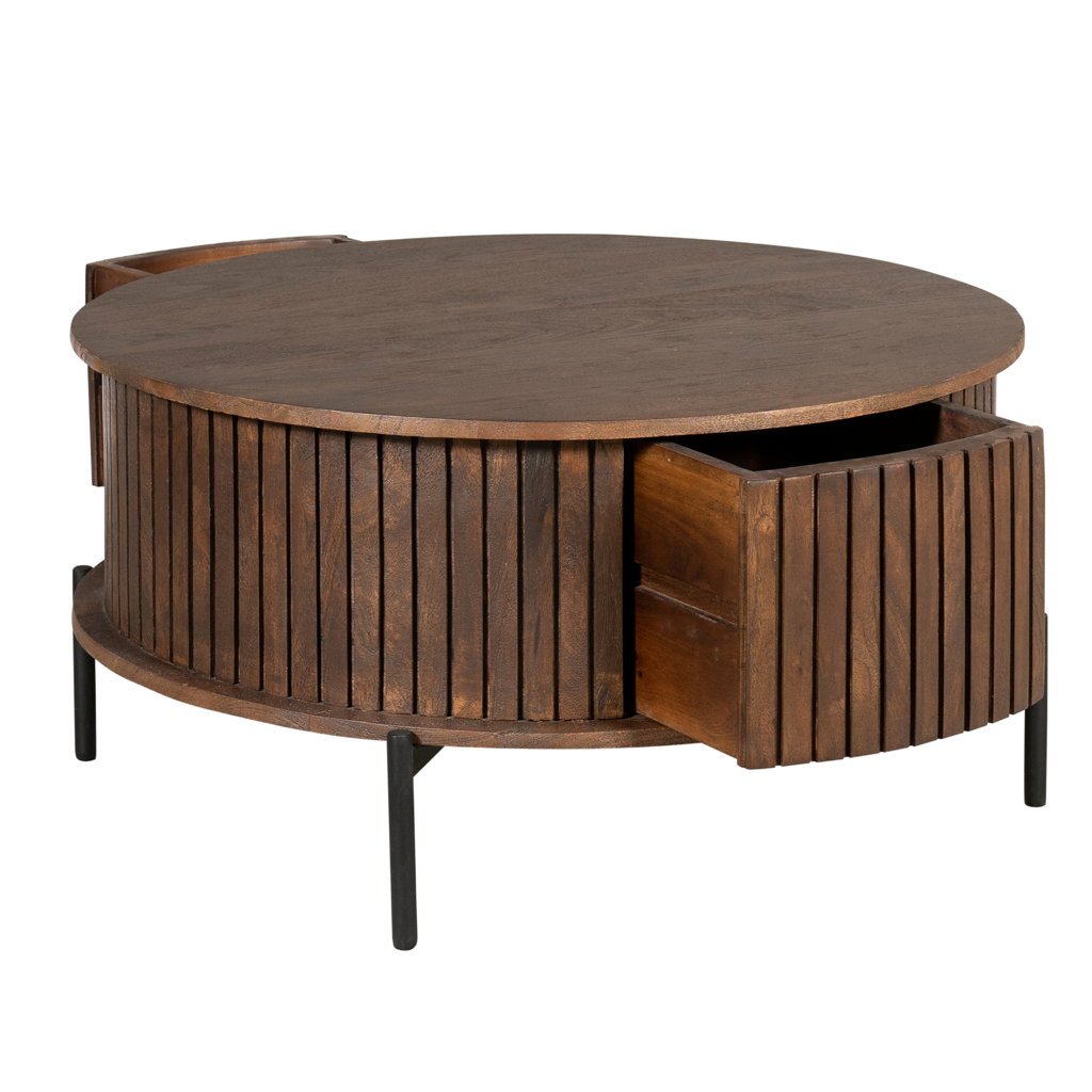 Couchtisch Mandy Braun Round – runder Mangoholz-Tisch mit 2 Schubladen & Lamellenmuster, 80 x 80 x 40 cm