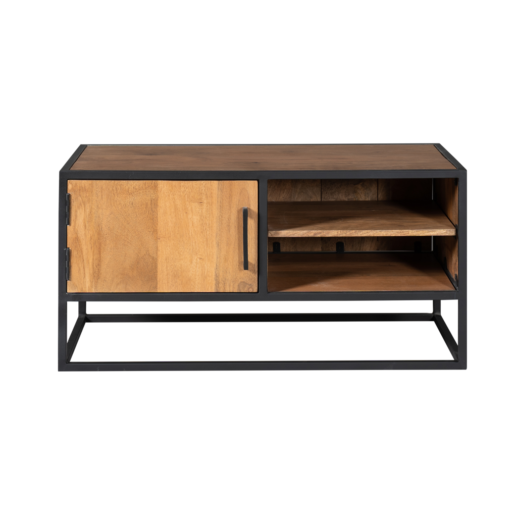 TV-Board Delta – Mangoholz mit schwarzem Gestell & Holzeinlagen, 100 x 45 x 50 cm