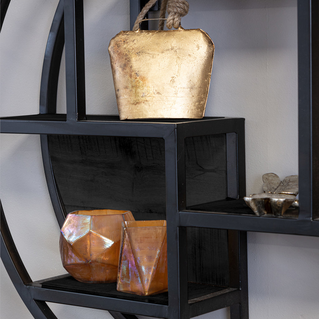 Wandregal Sydney – Rundes Regal aus sandgestrahltem Mangoholz & schwarzem Metallrahmen, Ø75 x 16 cm