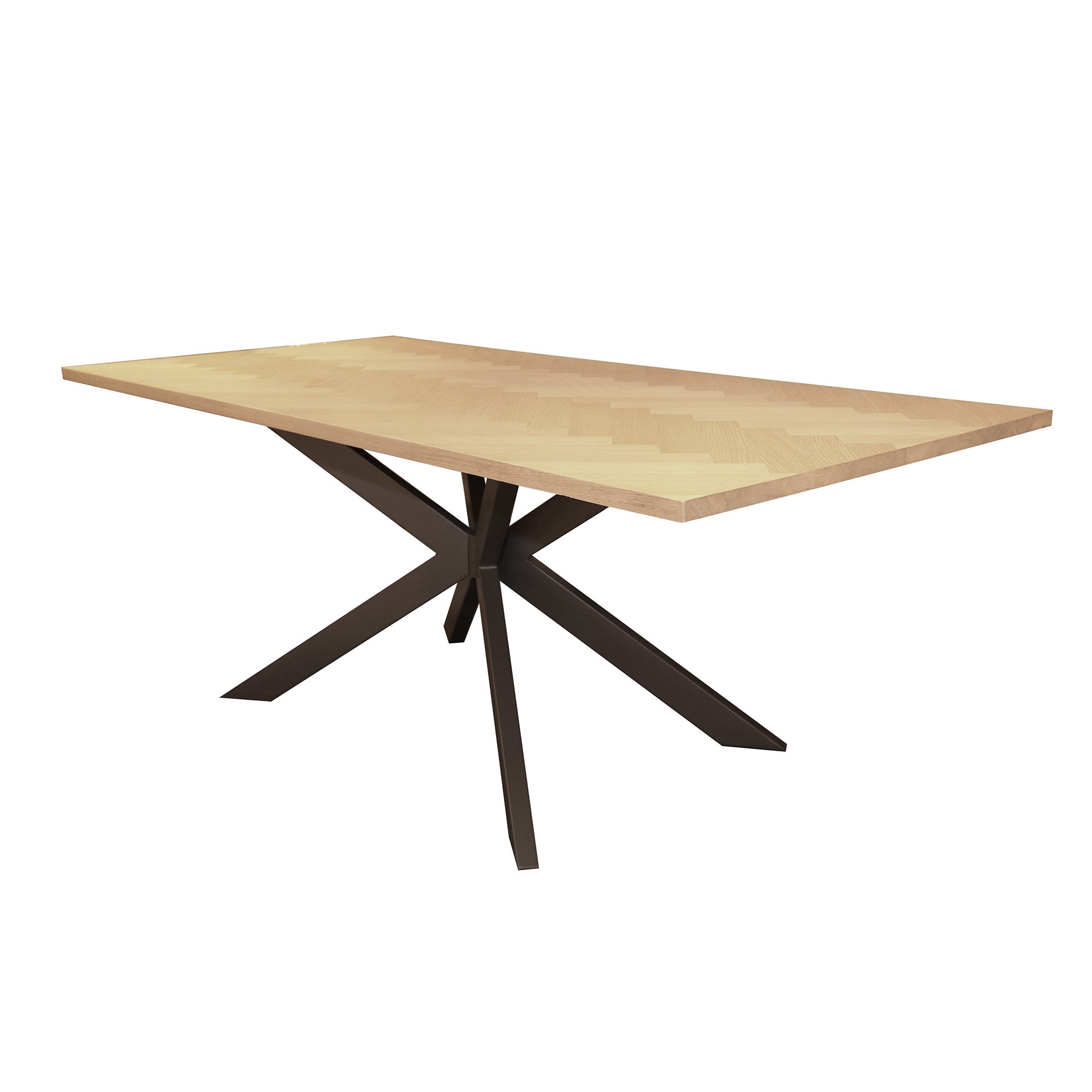 Esstisch Verona 200x100 cm – Holztisch mit Fischgrät-Furnier & schwarzem Spinnengestell aus Stahl, modernes Design in Eiche Natur