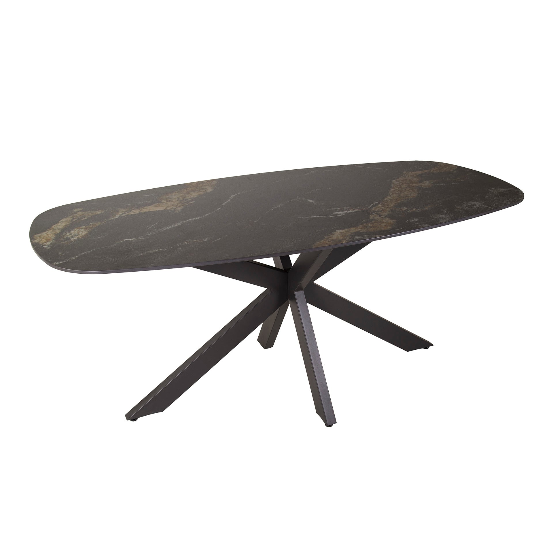 Esstisch Aravon – Dänisch ovaler Tisch mit Keramikplatte in grauer Natursteinoptik & Spider-Gestell, 180 x 90 x 76 cm