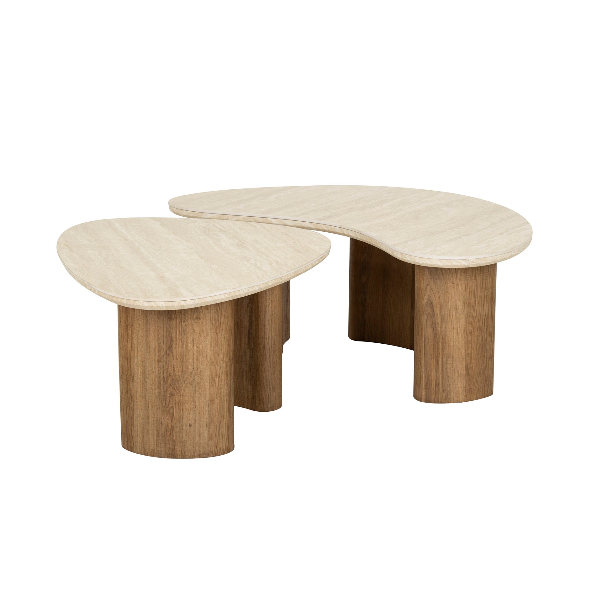 Couchtisch-Set Tivaro – 2 organische Tische mit Keramikplatte in Travertinoptik & Holzrahmen, 88 x 44 x 36 cm