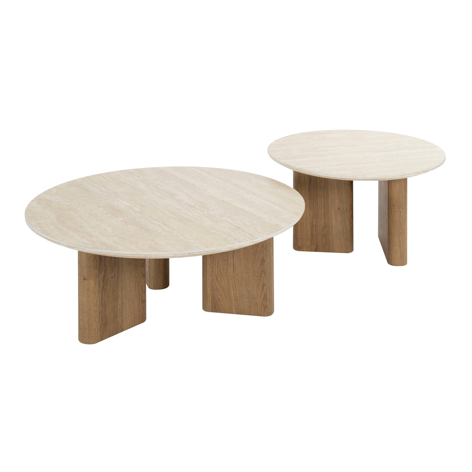 Couchtisch-Set Tivaro – 2 runde Tische mit Keramikplatte in Travertinoptik & Holzrahmen, 76 x 76 x 30 cm