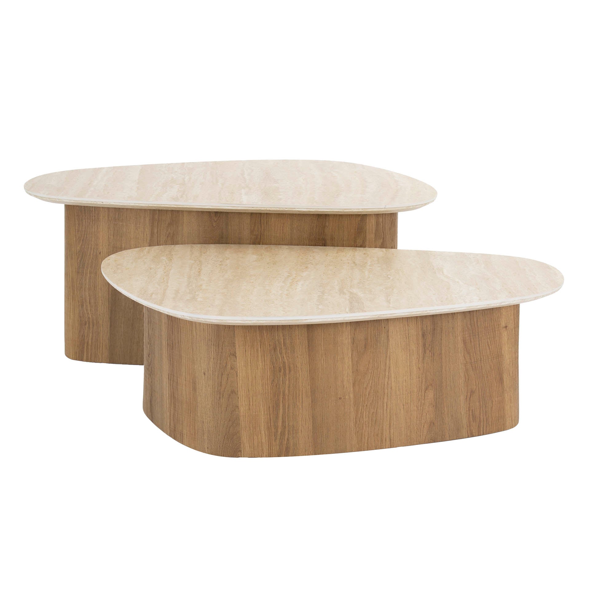 Couchtisch-Set Tivaro – 2 dreieckige Tische mit Keramikplatte in Travertinoptik & Holzgestell, 90 x 43 x 40 cm