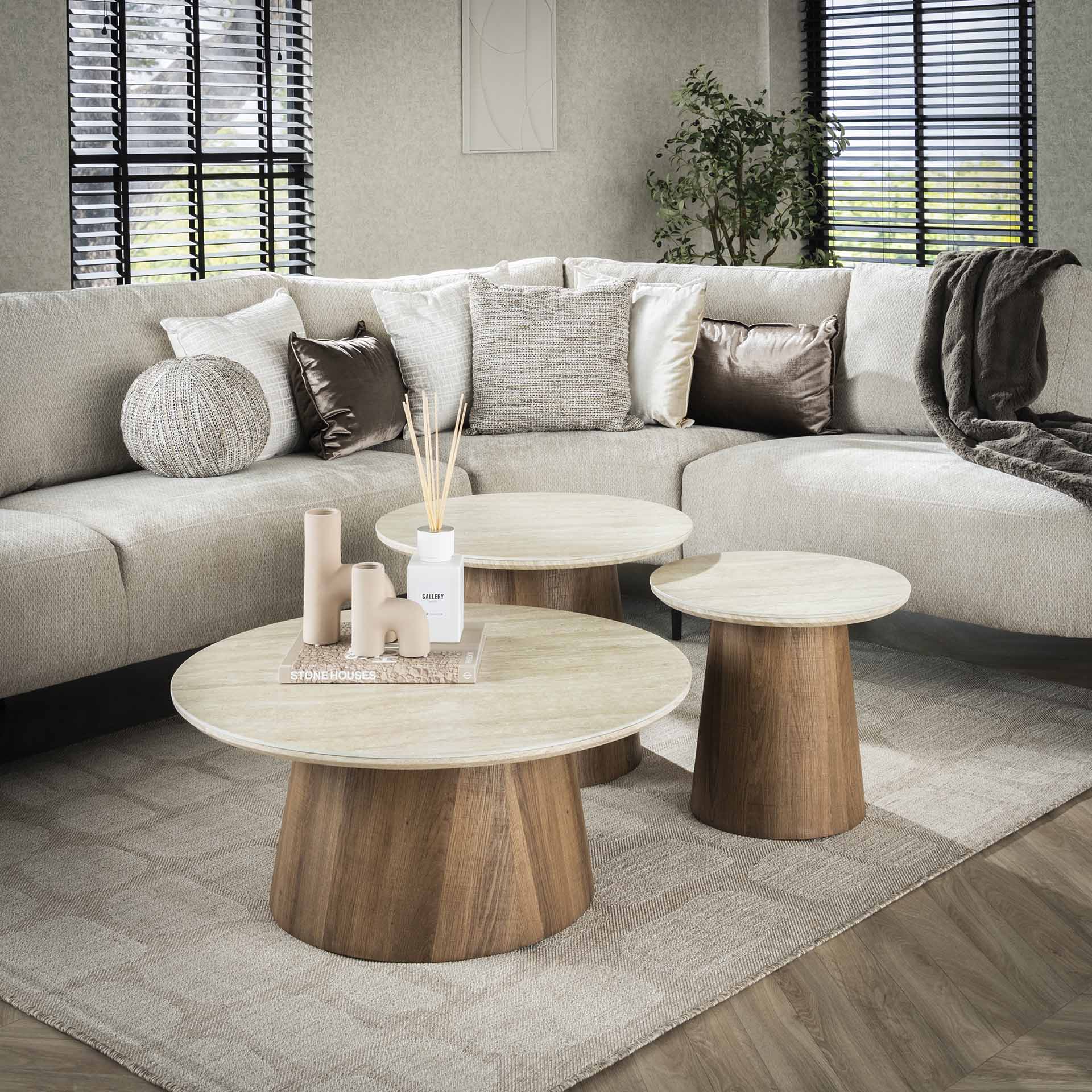 Couchtisch-Set Tivaro – 3 runde Tische mit Keramikplatte in Travertinoptik & Holzrahmen, 80 x 80 x 35 cm
