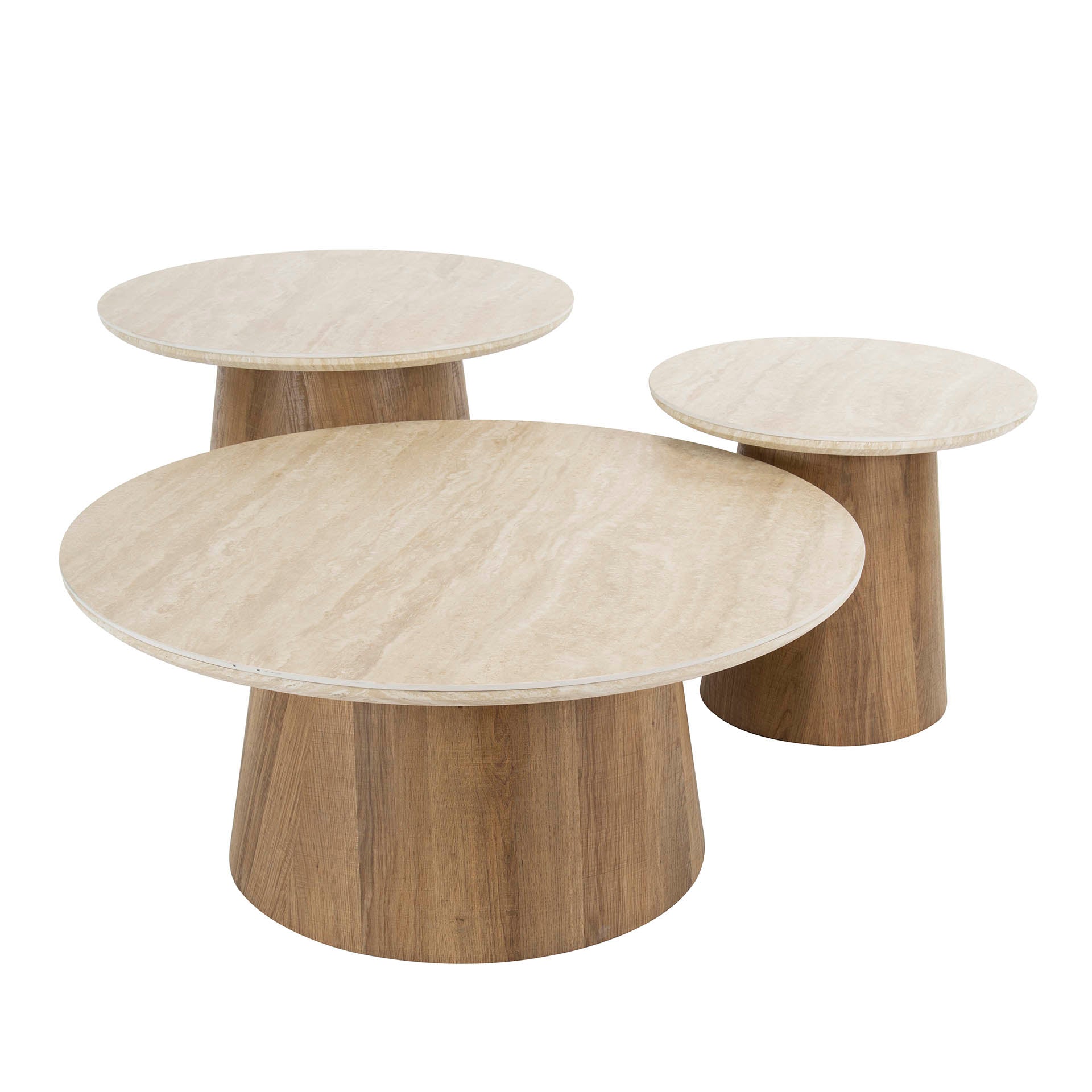 Couchtisch-Set Tivaro – 3 runde Tische mit Keramikplatte in Travertinoptik & Holzrahmen, 80 x 80 x 35 cm