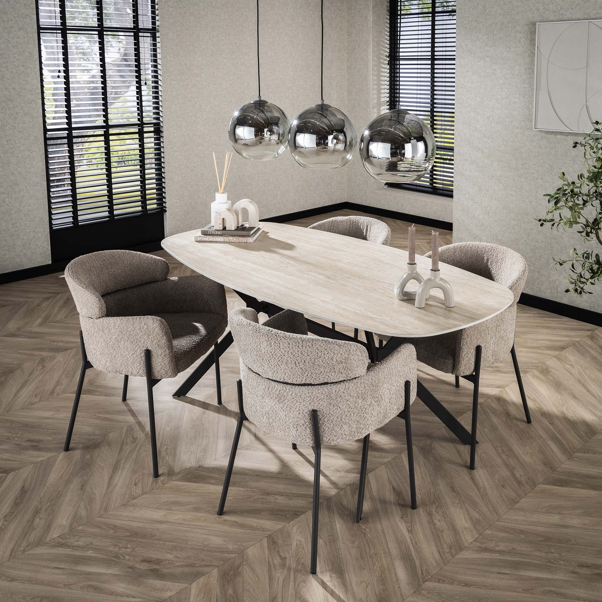 Esstisch Tivaro – Dänischer Ovaltisch mit Keramikplatte in Travertinoptik & Spinnengestell, 180 x 90 x 76 cm