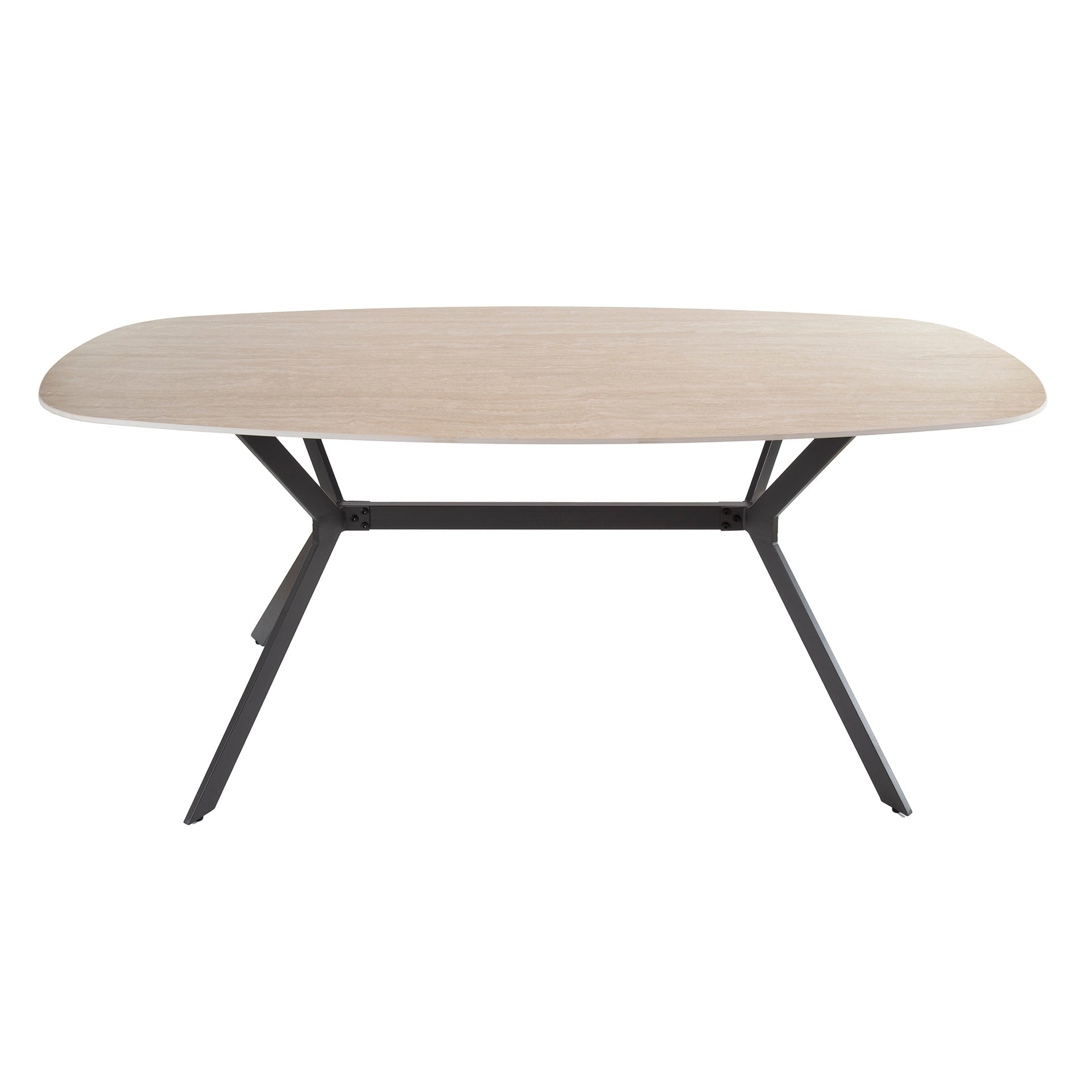 Esstisch Tivaro – Dänischer Ovaltisch mit Keramikplatte in Travertinoptik & Spinnengestell, 180 x 90 x 76 cm