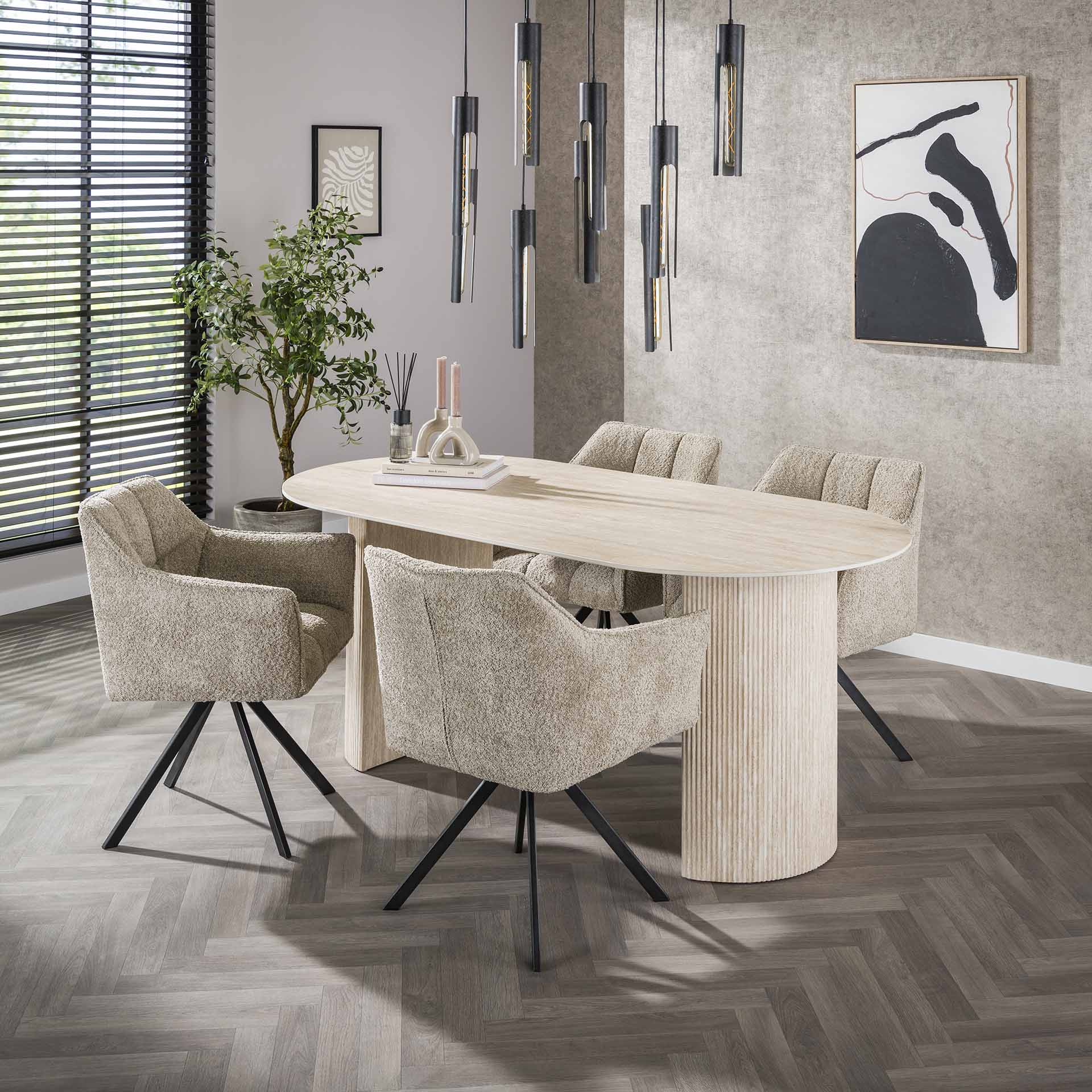 Esstisch Tivaro Arch – Ovaltisch mit Travertinoptik & halbrundem Wellengestell, 180 x 90 x 77 cm