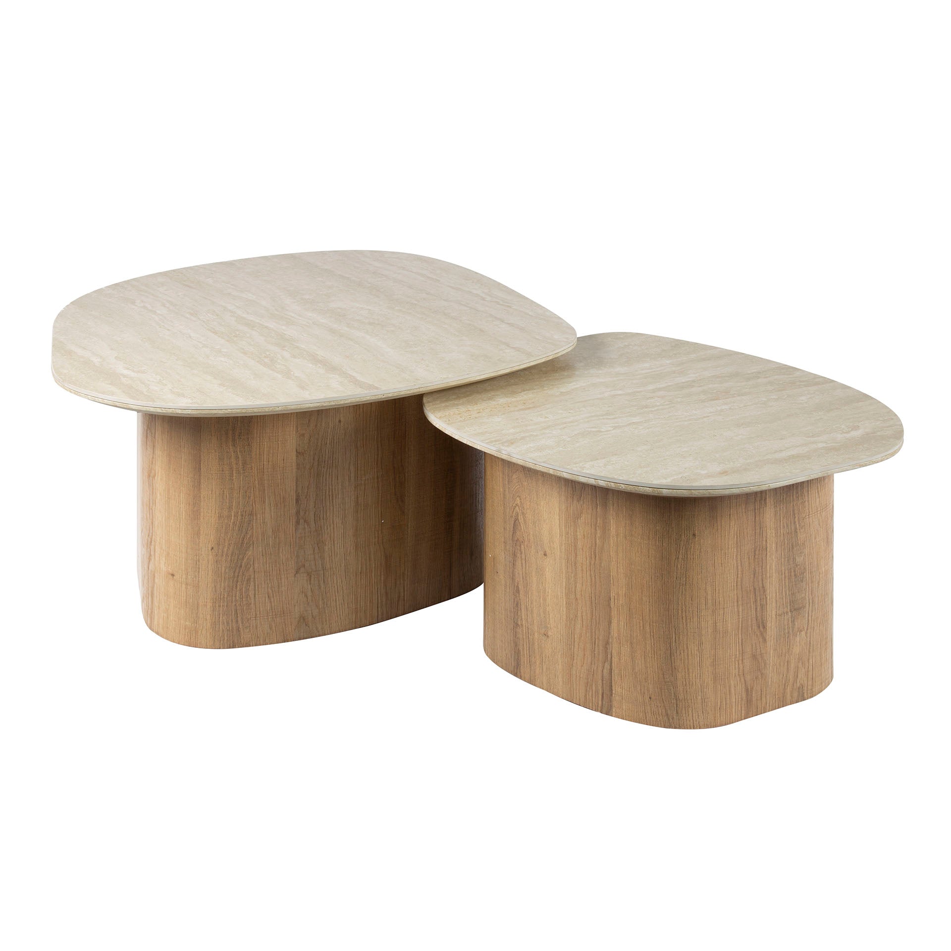 Couchtisch-Set Tivaro – 2 Tische in Kieselform mit Keramikplatte in Travertinoptik & Holzgestell, 85 x 79 x 40 cm
