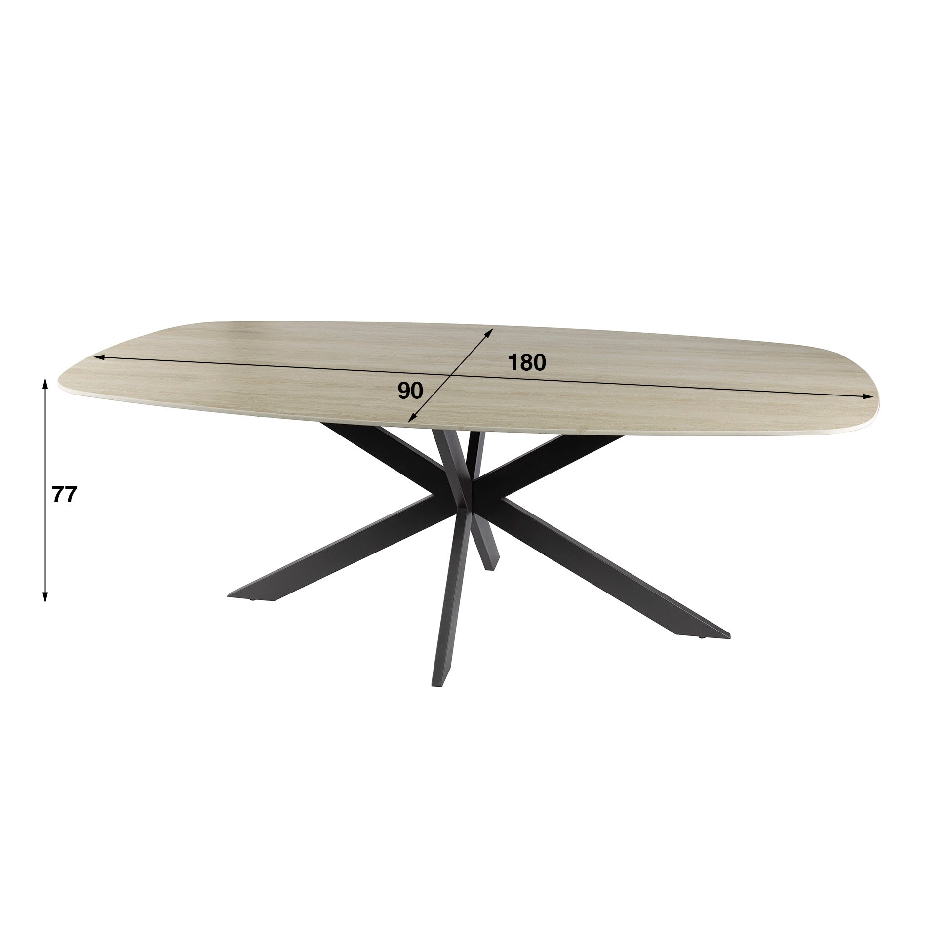 Esstisch Tivaro – Dänischer Ovaltisch aus 3D-Keramik in Travertinoptik mit Spinnengestell, 180 x 90 x 77 cm