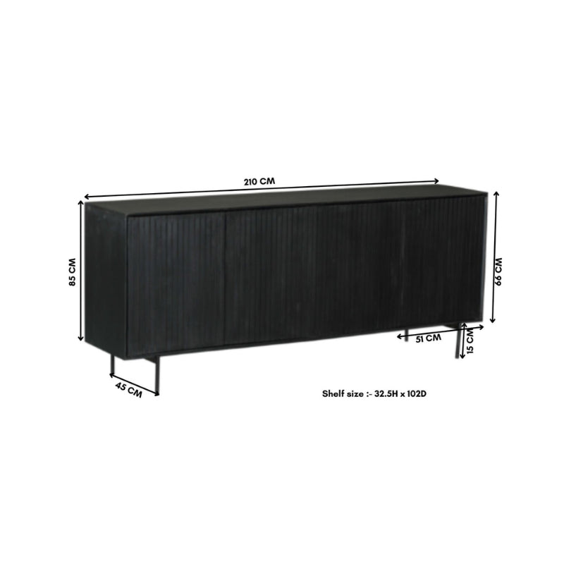 Sideboard Mandy Schwarz – Mangoholz mit Metallrahmen, 4 Türen im Lamellen-Design, modernes Lowboard 210 x 45 x 85 cm