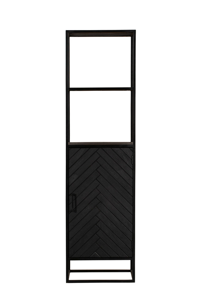 Regalschrank Sydney Schwarz – Mangoholz mit Fischgrätenmuster, 1 Tür & 1 Fach, 55 x 45 x 200 cm