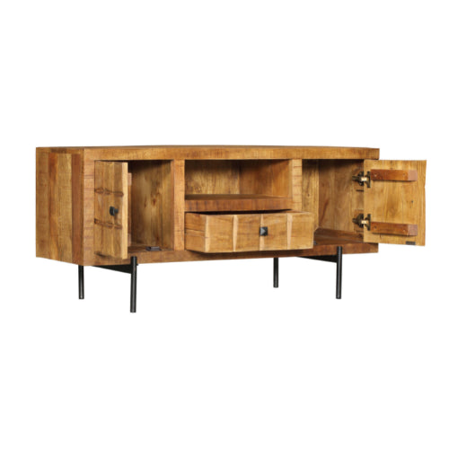 TV Board Jacky – Mangoholz & Metallbein, 120 x 40 x 55 cm, offenes Fach, 2 Türen, 1 Schublade, einzigartiges Design