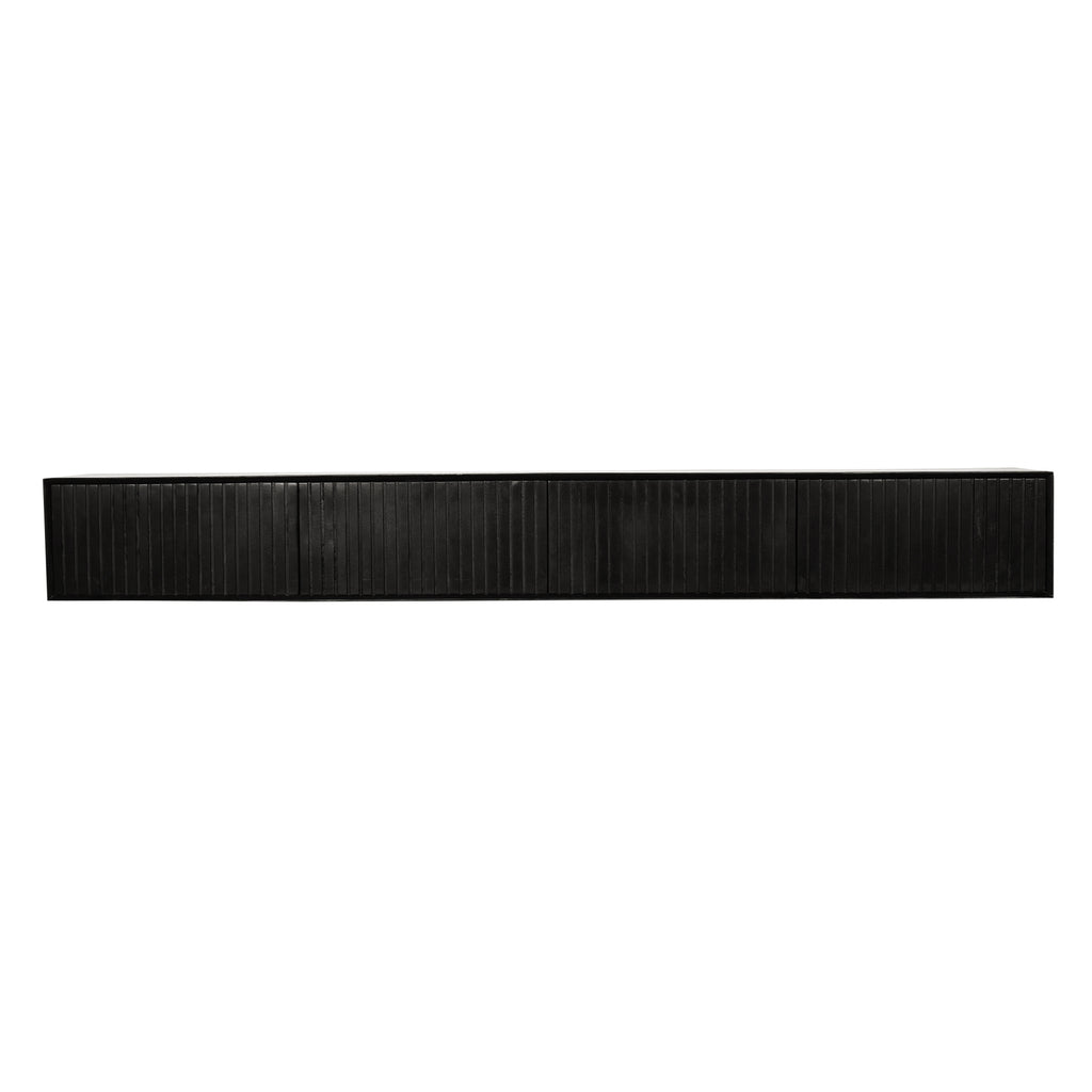 Schwebendes TV-Möbel Mandy Black – Mangoholz mit Lattenmuster & Push-to-Open, 240 x 35 x 30 cm