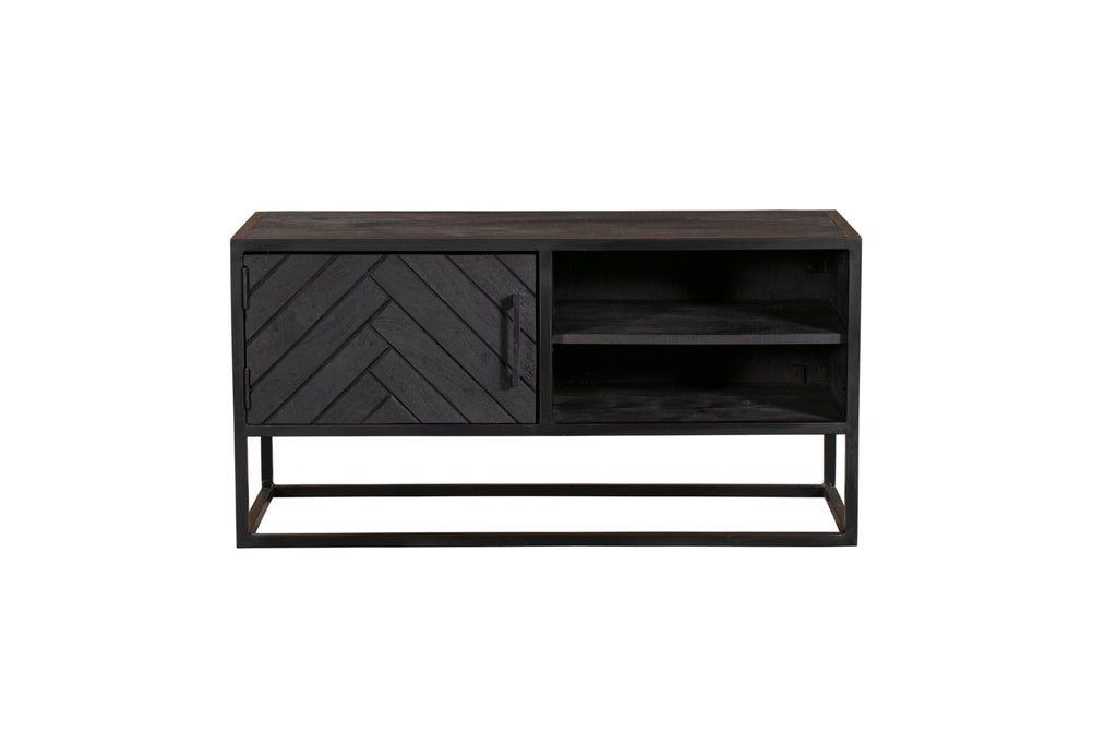 TV-Möbel Sydney Schwarz – Mangoholz mit Fischgrätmuster & Metallgestell, 100 x 45 x 50 cm
