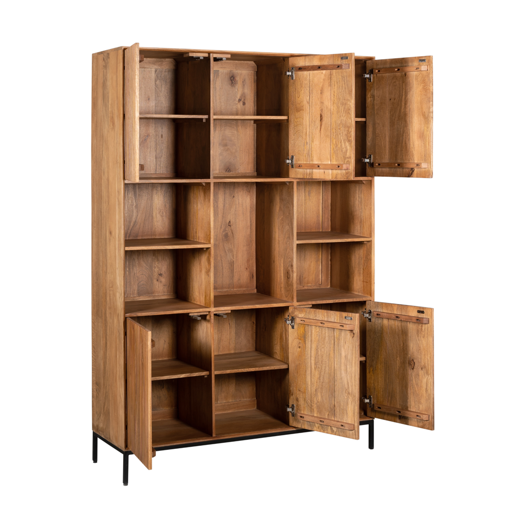 Regal Mandy Natur – Mangoholz mit Lamellenfront, 6 Türen & 5 Fächer, 135 x 45 x 200 cm