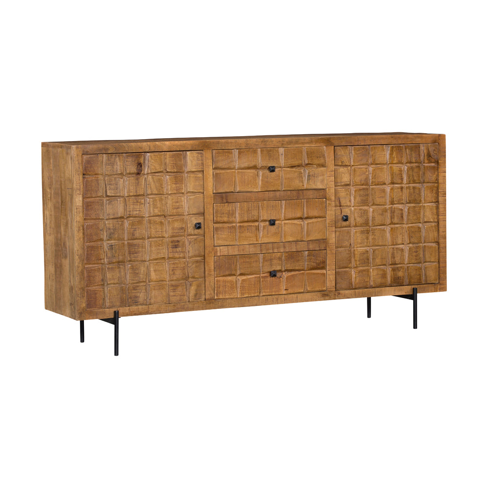 Sideboard Jacky – Mangoholz mit Metallbeinen, 2 Türen & 3 Schubladen, geschnitztes Blockmuster, 160 x 40 x 90 cm
