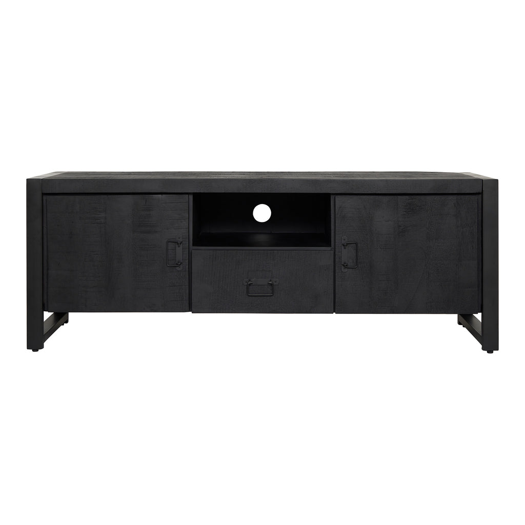 TV-Board Bori Schwarz – Mangoholz & Metall, 150 x 45 x 55 cm, modernes Lowboard mit Türen & Schublade