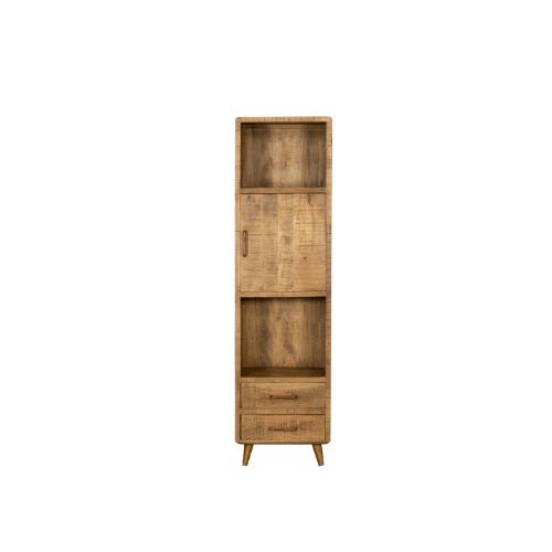 Bücherregal Raven – modernes Mangoholz Schrank 55×200×45 cm mit 2 Schubladen, 1 Tür & einzigartigem Holzdesign