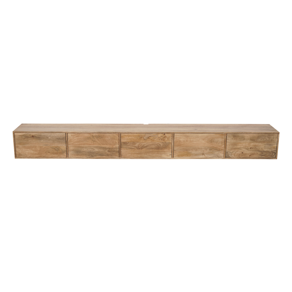 Schwebendes TV-Board Vision 280x35x30 cm – Massives Mangoholz mit Push-to-Open System & grifflosen Türen