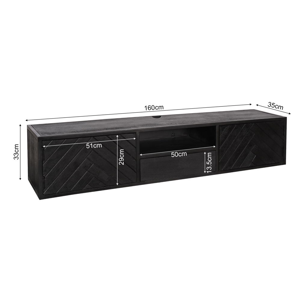 Schwebendes TV-Board Sydney – Mangoholz Schwarz, Fischgrät, 160 x 35 x 33 cm, Offenes Fach, Modernes Design