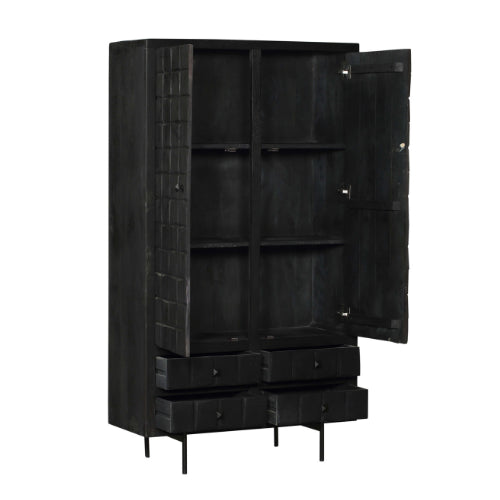 Schrank Jacky Schwarz – Mangoholz-Schrank mit 2 Türen & 4 Schubladen, 100 x 40 x 180 cm