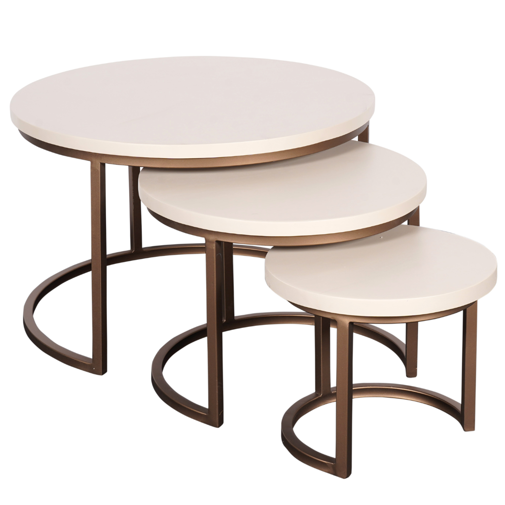 Couchtisch Madison Sand – 3er-Set runde Tische aus Mangoholz & Metall, Natur/Bronze, 70/50/35 cm