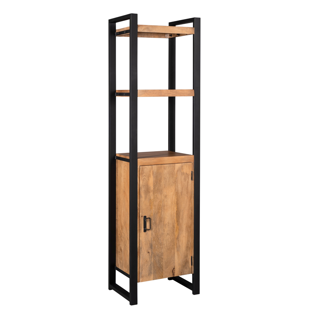 Bücherregal Bori 55x40x200 cm – Massiver Mangoholz Schrank mit Metallrahmen & Tür im modernen Design
