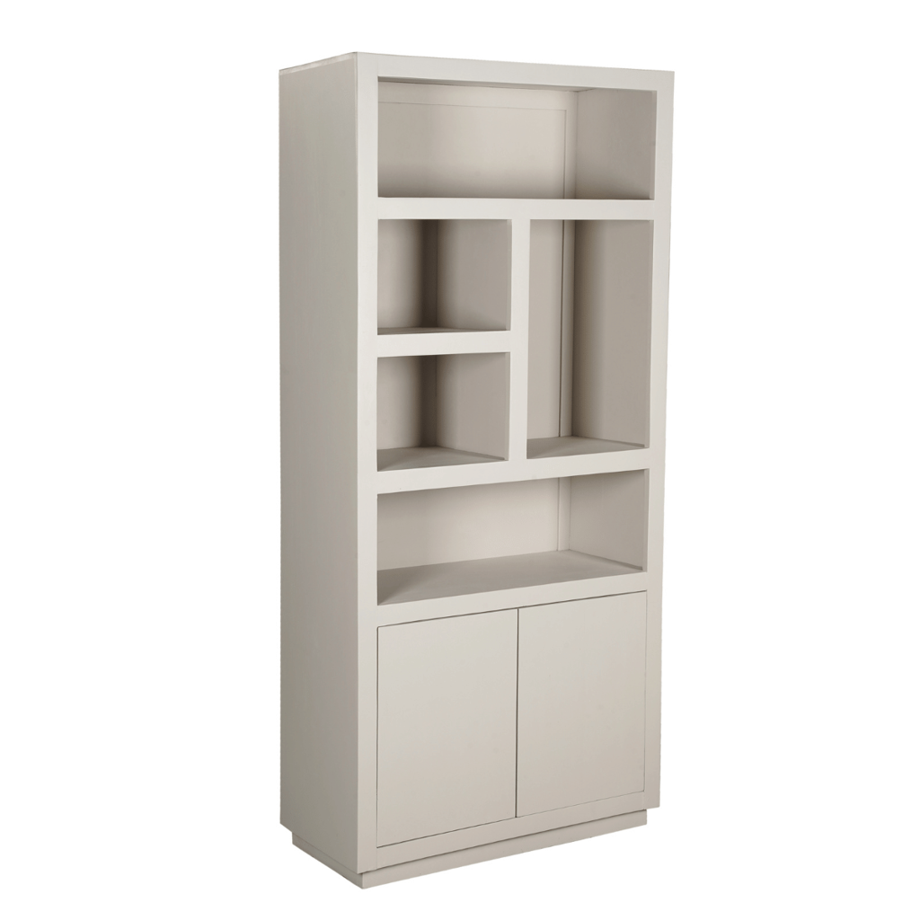 Regal Bali Sand – Standregal aus Mangoholz mit 5 Fächern & 2 Türen, 90 x 45 x 200 cm
