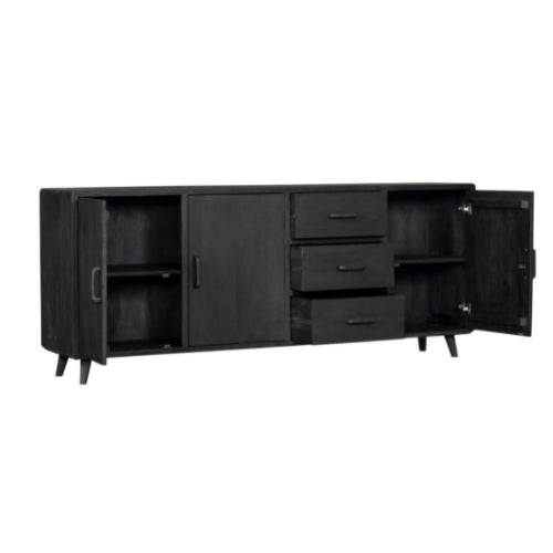 Sideboard Raven Schwarz – Mangoholz mit 3 Türen & 3 Schubladen, 220 x 45 x 90 cm