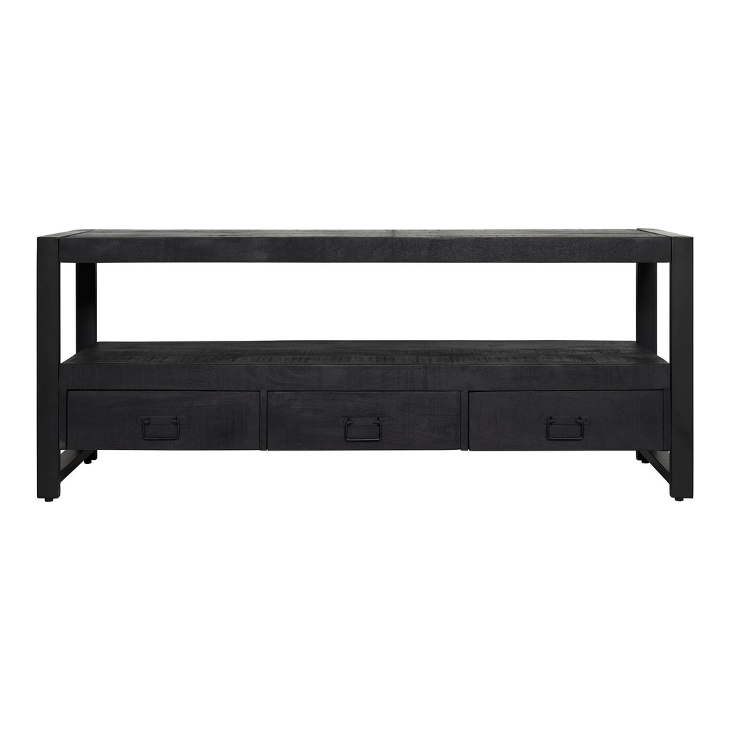 TV-Board Bori Schwarz – Mangoholz mit schwarzem Metallgestell & 3 Schubladen, 150 x 45 x 60 cm