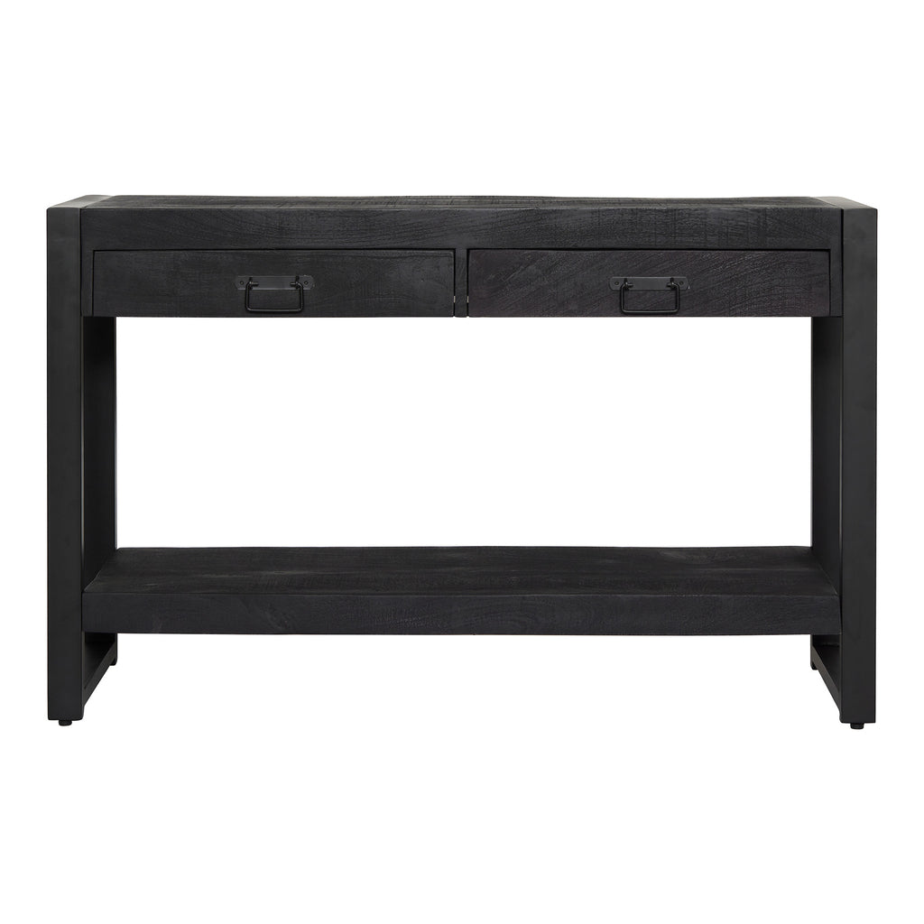 Beistelltisch Bori Schwarz – massives Mangoholz mit Metallgestell und 2 Schubladen, moderner Blickfang für Ihr Zuhause, 120 x 35 x 76 cm