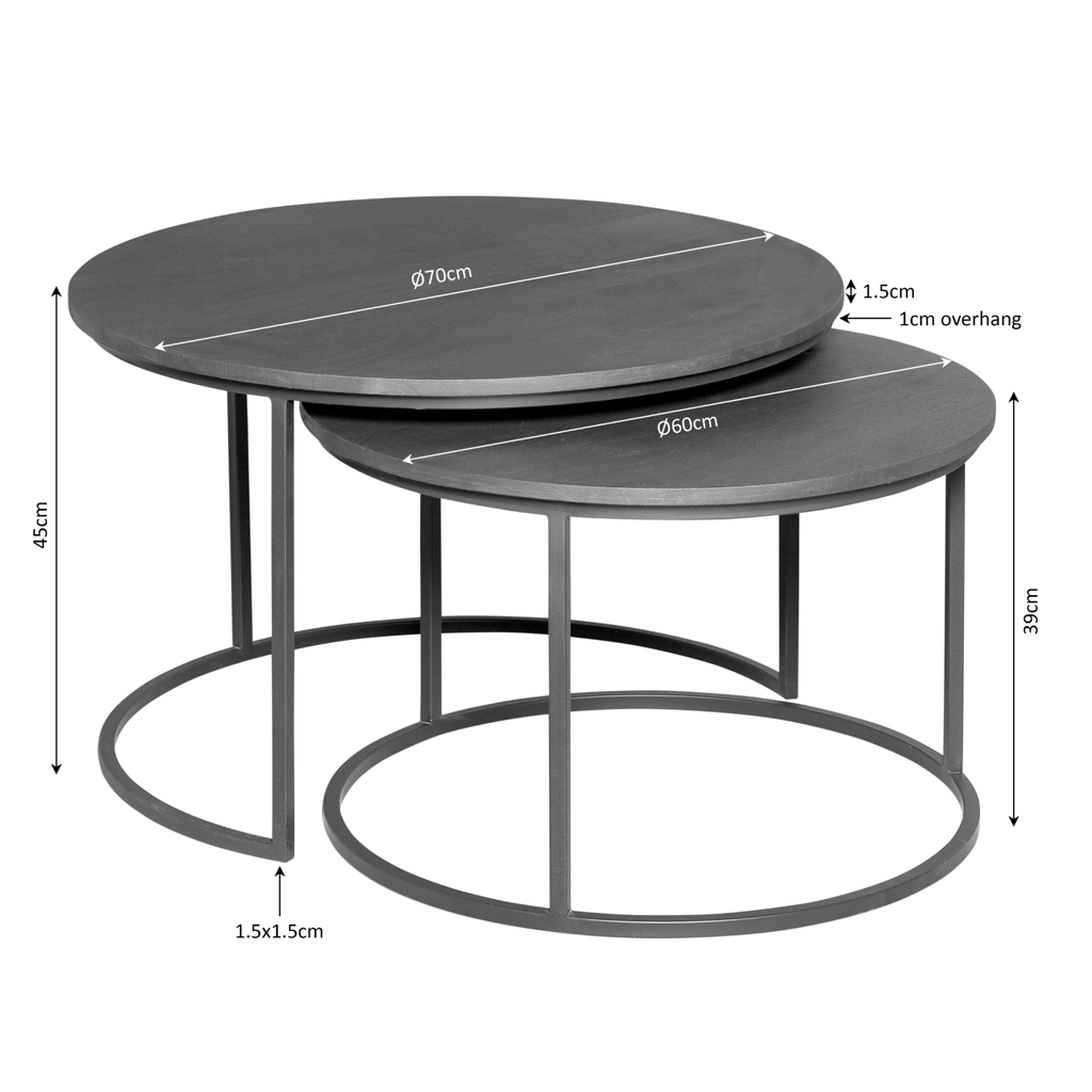 Mandy Naturel Couchtisch 2er-Set – Mangoholz & schwarzes Stahlgestell, 70x70x45 & 60x60x39 cm, modernes Design
